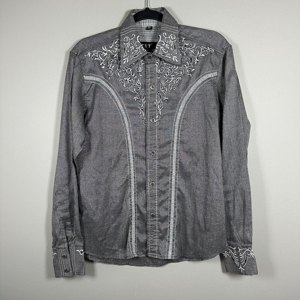 TNT Large Gray Metallic Stripe Embellished‎ Linen Long Sleeve Button Up Shirt
